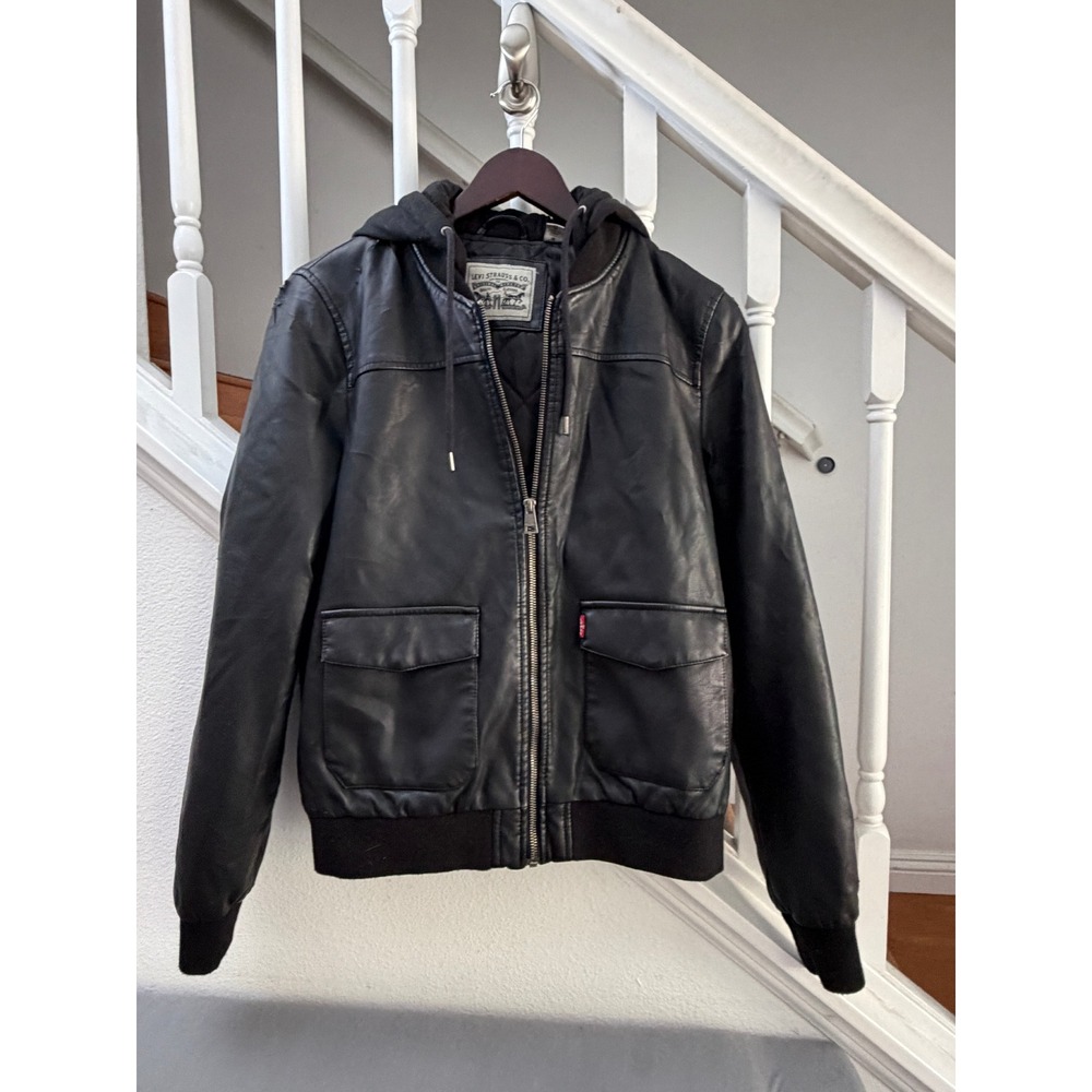 Levis Mens Faux Leather Hooded Bomber Jacket Black Quilted Lining Size M